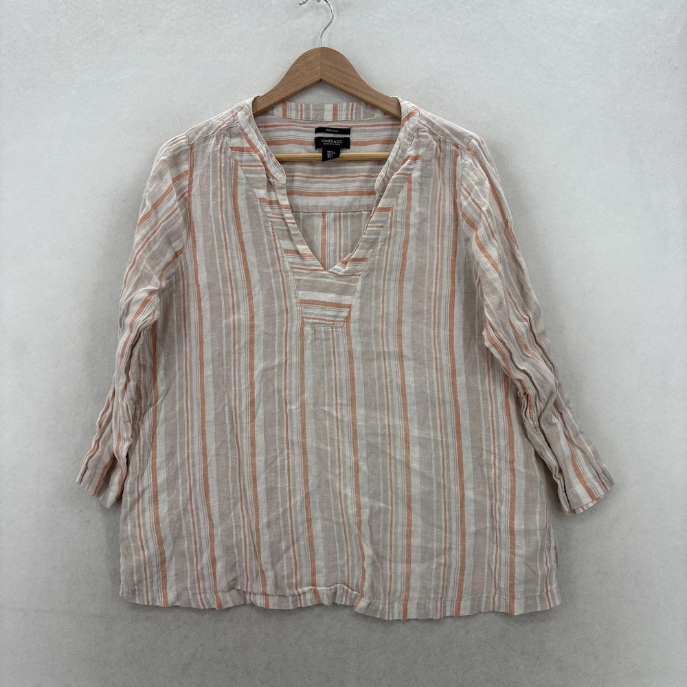 Jones New York Blouse Womens Large Beige Linen Striped V Neck 3/4 Sleeve Tunic